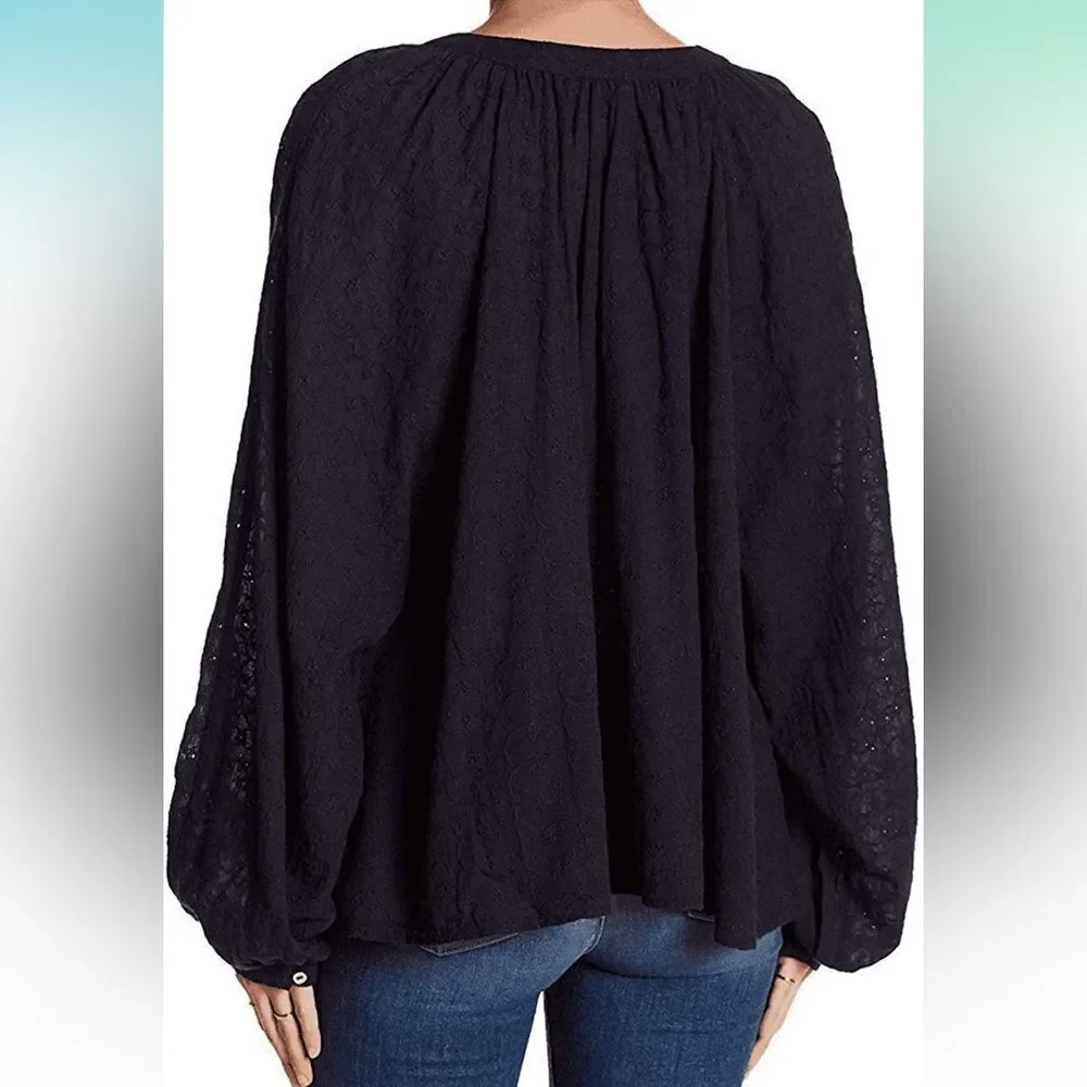 Free People Floral Embroidered Eyelet Oversized Blouse, Navy Blue
